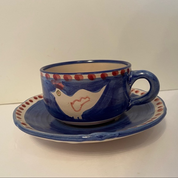 VIETRI CAMPAGNA FLAT CUP & SAUCER SET 2 PC CHICKEN POLLO BLUE RED DOT RIM ITALY - Picture 1 of 11